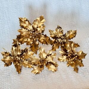 5 VINTAGE Metallic Gold Winter Holly Faux Floral Stems Thick & Rubbery Picks